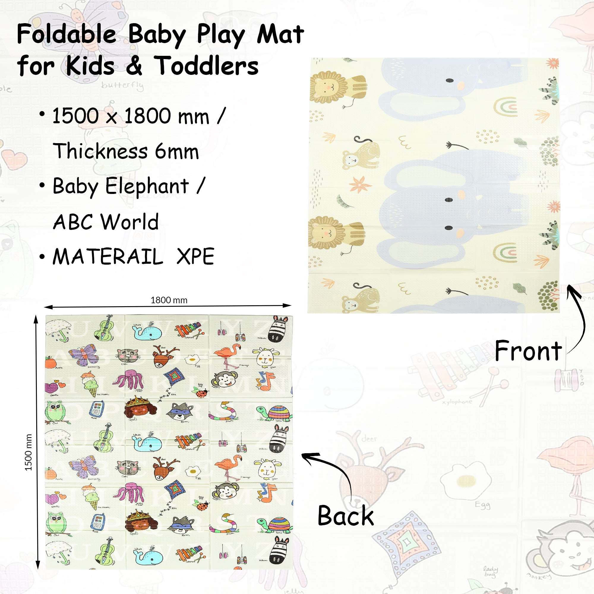 Fitness Mantra® Foldable Baby Play & Exercising Mat for Kids & Toddlers | Double-Sided Soft Cushioned Foam Floor Mat with Cartoon Print | Waterproof, Non-Toxic, BPA Free| 1500 x 1800 mm| Thickness 6mm|