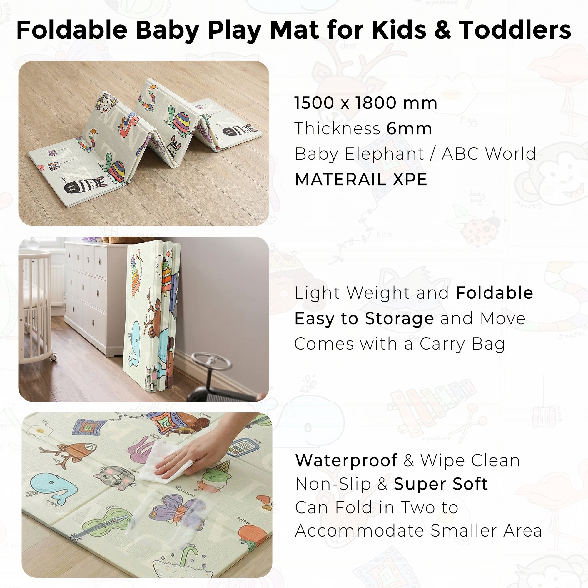 Fitness Mantra® Foldable Baby Play & Exercising Mat for Kids & Toddlers | Double-Sided Soft Cushioned Foam Floor Mat with Cartoon Print | Waterproof, Non-Toxic, BPA Free| 1500 x 1800 mm| Thickness 6mm|
