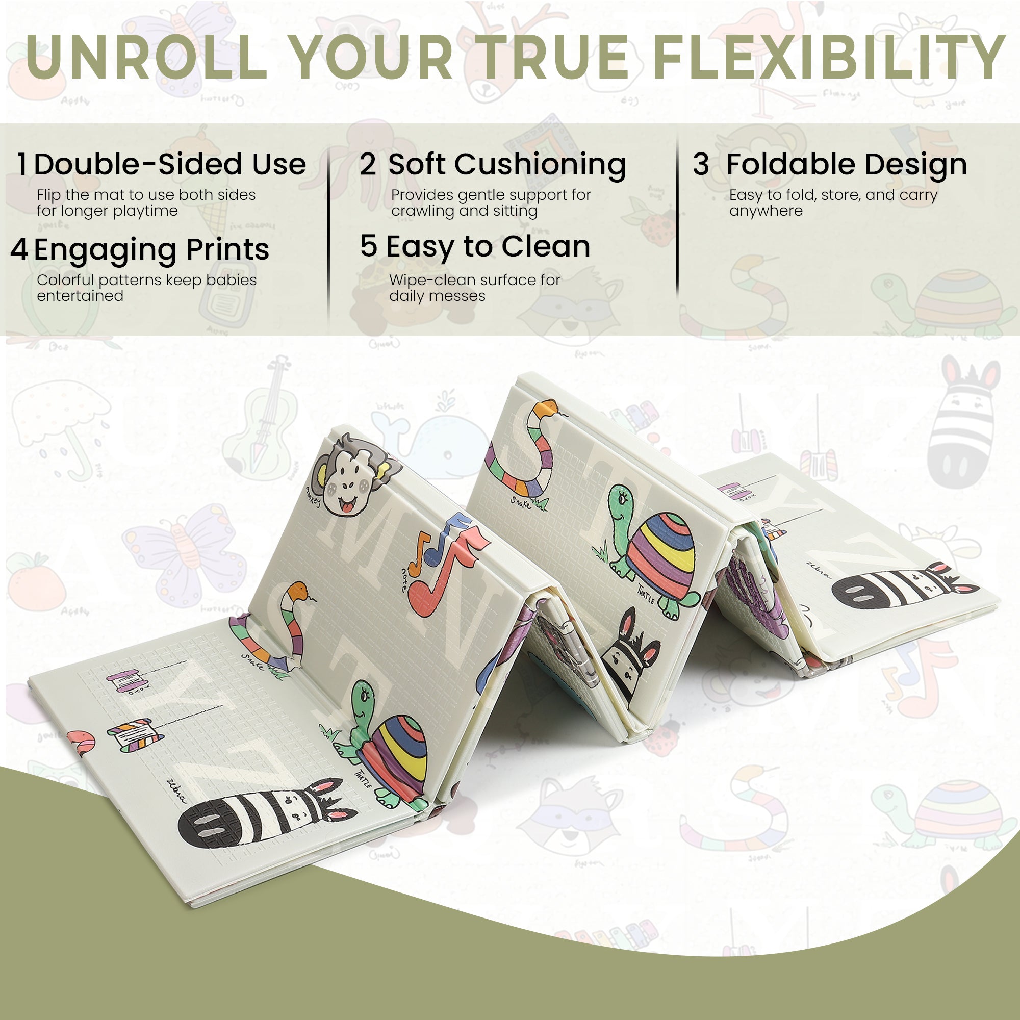 Fitness Mantra® Foldable Baby Play & Exercising Mat for Kids & Toddlers | Double-Sided Soft Cushioned Foam Floor Mat with Cartoon Print | Waterproof, Non-Toxic, BPA Free| 1500 x 1800 mm| Thickness 6mm|