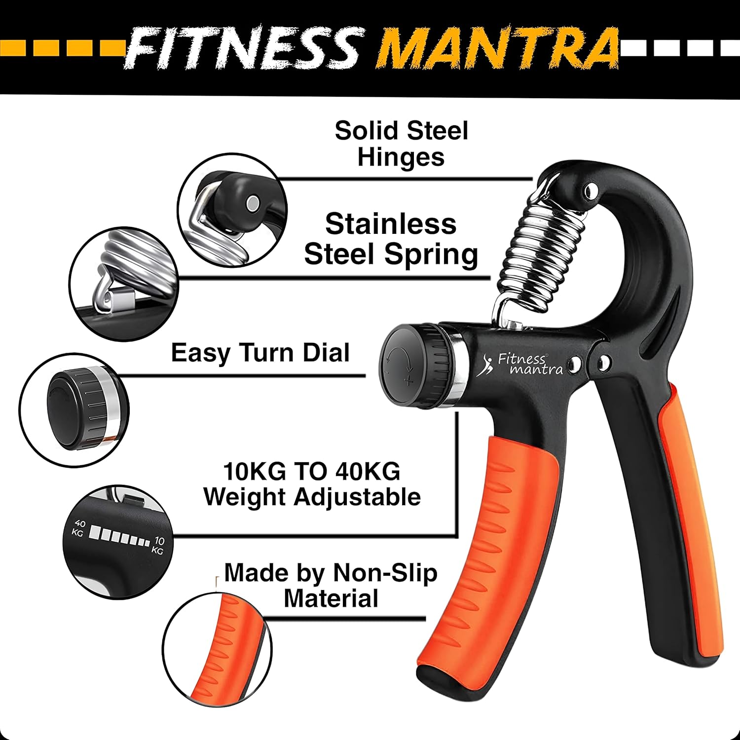 Fitness Mantra® Weight Adjustable Hight Quality Hand Gripper for Men & Women |Hand Grip|Finger Exerciser|Power Gripper|Hand Exerciser Equipment|Hand Strengtheners| Color Orange| 10KG-40KG|