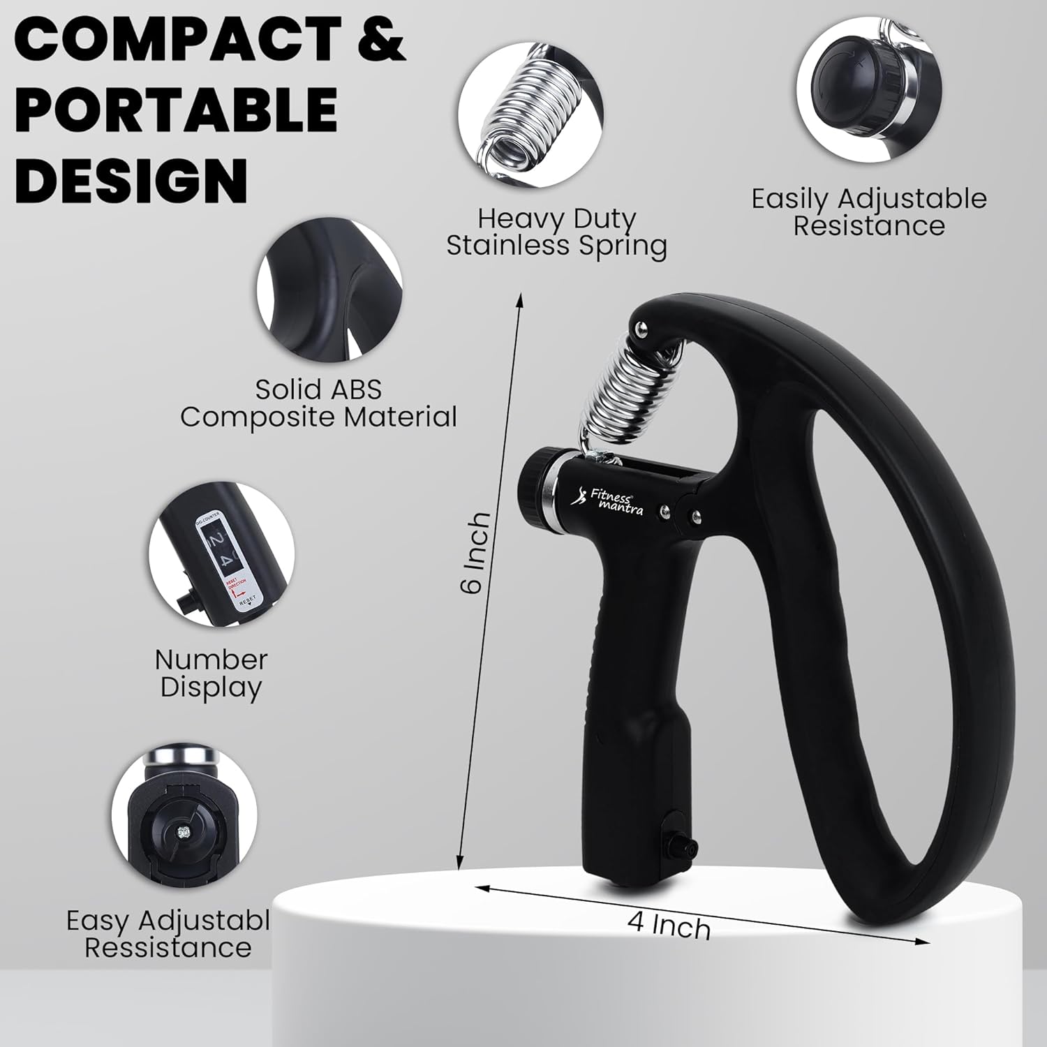 Fitness Mantra® D Shape 10KG To 100KG Weight Adjustable Professional Counter Hand Gripper| Black, D-SHAPE|
