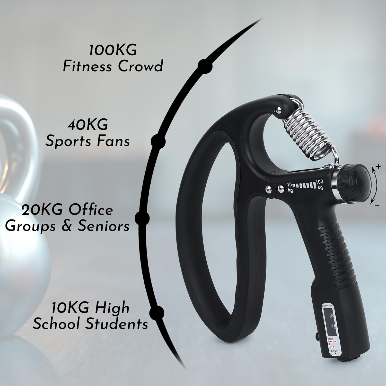 Fitness Mantra® D Shape 10KG To 100KG Weight Adjustable Professional Counter Hand Gripper| Black, D-SHAPE|