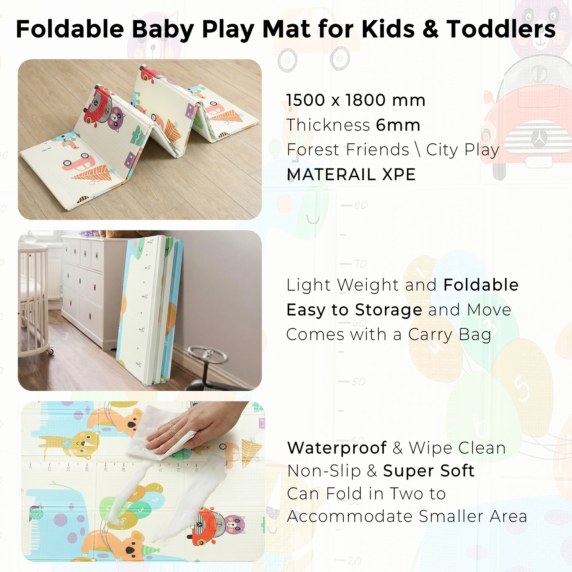 Fitness Mantra® Foldable Baby Play & Exercising Mat for Kids & Toddlers | Double-Sided Soft Cushioned Foam Floor Mat with Cartoon Print | Waterproof, Non-Toxic, BPA Free| 1500 x 1800 mm| Thickness 6mm|