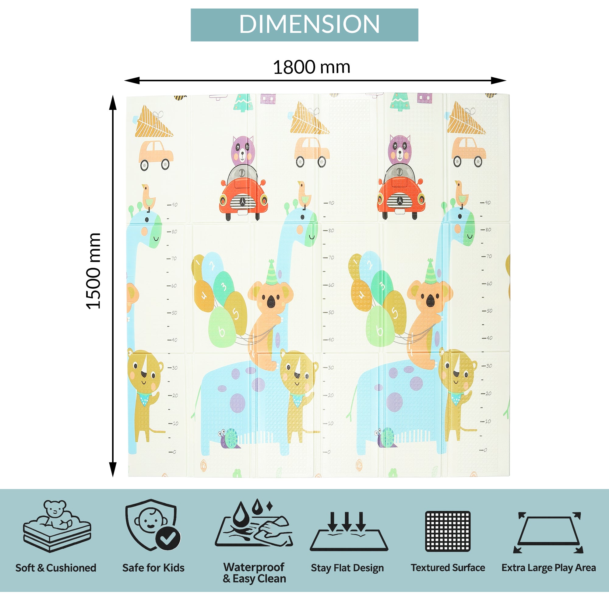 Fitness Mantra® Foldable Baby Play & Exercising Mat for Kids & Toddlers | Double-Sided Soft Cushioned Foam Floor Mat with Cartoon Print | Waterproof, Non-Toxic, BPA Free| 1500 x 1800 mm| Thickness 6mm|